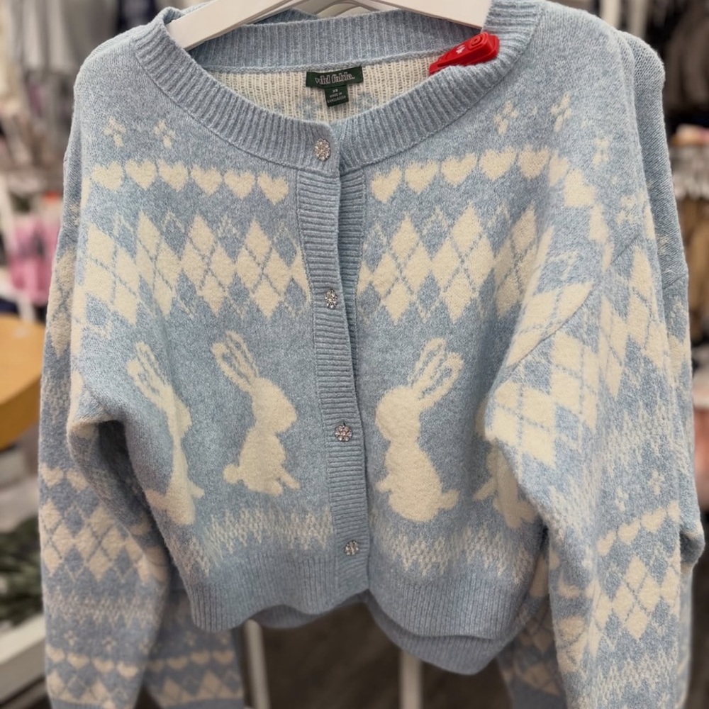 NWT Wild Fable Women's Rabbit Print Cropped Cardigan Sweater light blue Size XS
